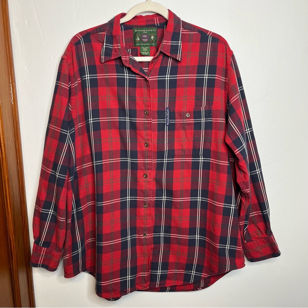 Abercrombie & Fitch Red Blue Plaid Button Long Sleeve Shirt Large Cotton GUC